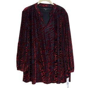 Calessa Tunic Top 2X Red Black Burnout Velvet Zebra Animal Print Holiday Party